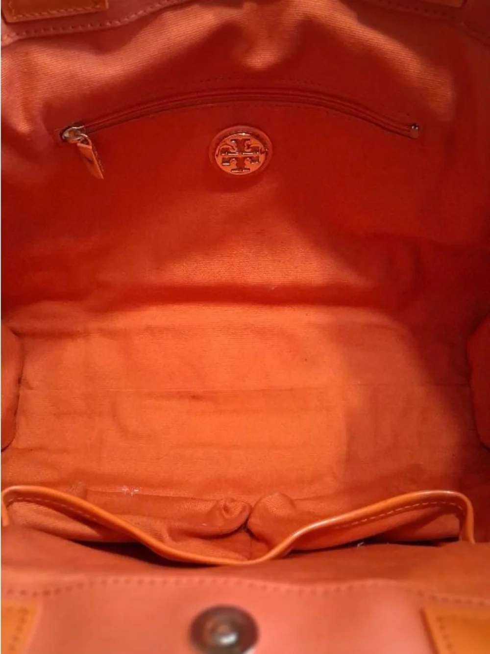 TORY BURCH ELLA CANVAS & PATENT TOTE PUMPKIN ORANGE
